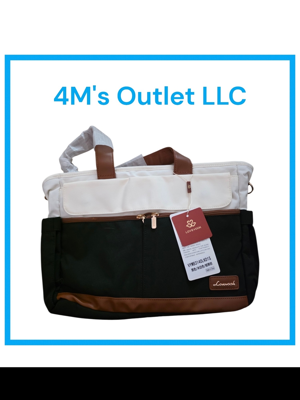 Two-Tone Black & White Laptop Tote with Brown Trim